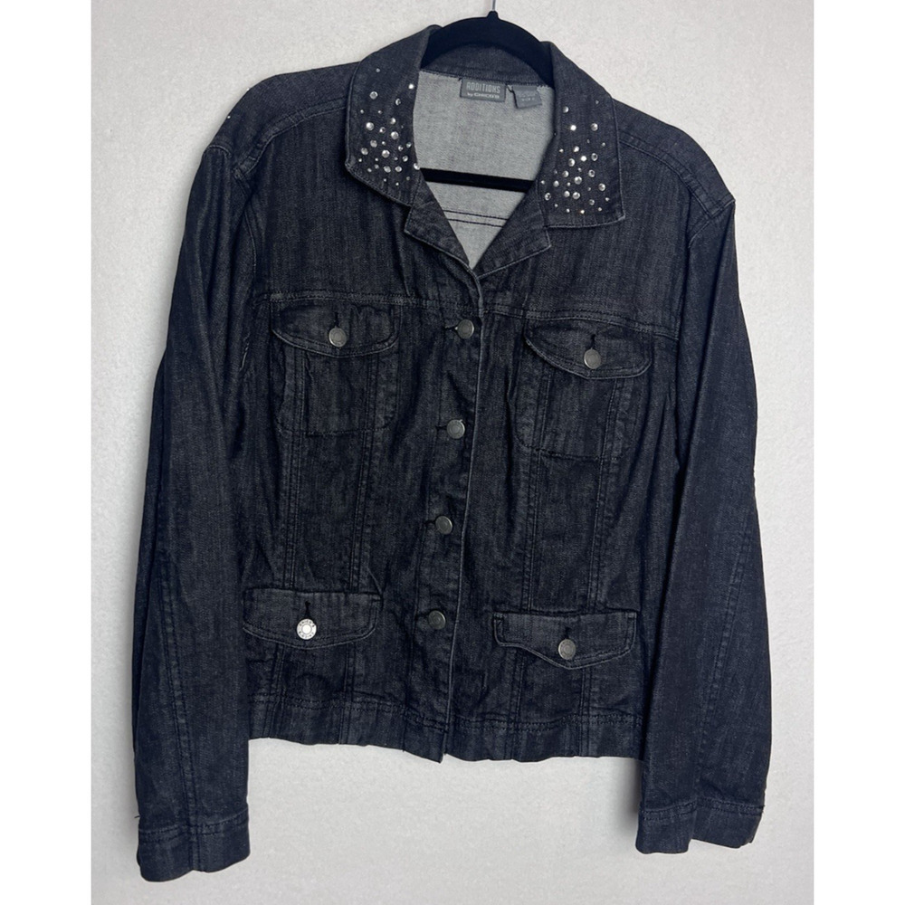 Additions by Chico's Women's Button Up Black Denim Jacket Size 2 (L) Rhinestone